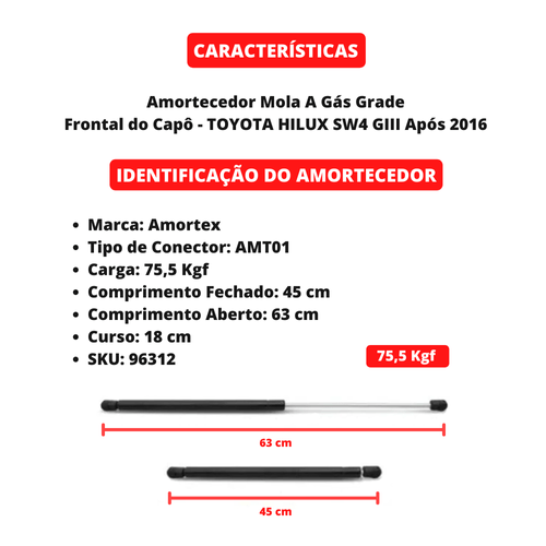 Par Amortecedores Mola Gas Uso Geral - 42,5 x 26,0 cm - 7kg