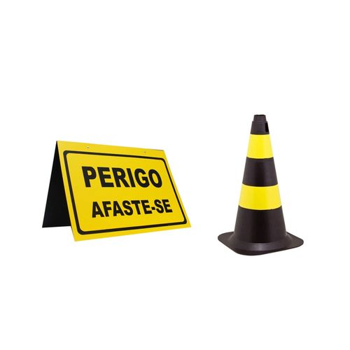 Kit cone sinalizador 50 centímetros preto e amarelo + cavalete de sinalização perigo afaste-se PLASTC
