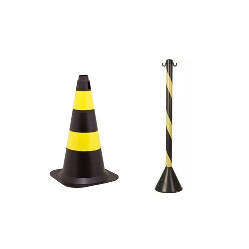Kit cone sinalizador 50 centímetros preto e amarelo + pedestal organizador de filas zebrado preto e amarelo 93cm PLASTC