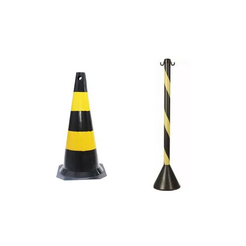 Kit cone sinalizador 75 centímetros preto e amarelo + pedestal organizador de filas zebrado preto e amarelo 93cm PLASTC