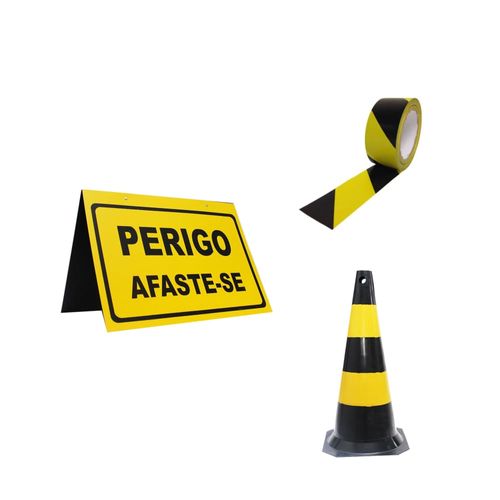 Kit fita zebrada preta e amarela + cone sinalizador 75 centímetros preto e amarelo + cavalete de sinalização perigo afaste-se PLASTC