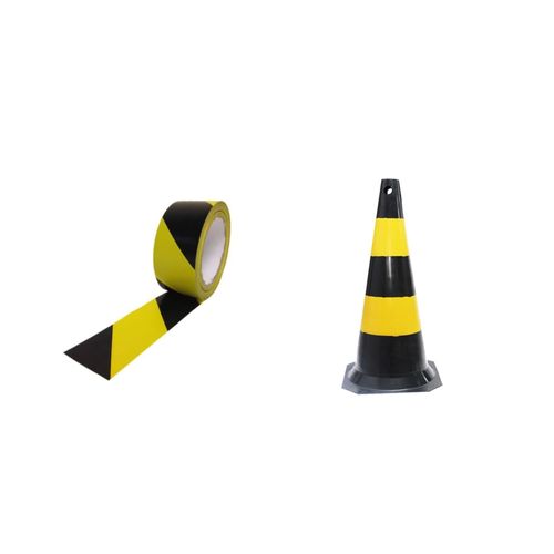 Kit fita zebrada preta e amarela + cone sinalizador 75 centímetros preto e amarelo PLASTC