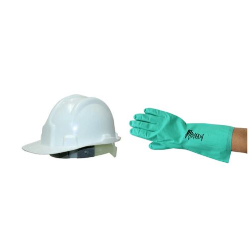 Kit capacete de segurança epi branco com carneira + luvas nitrílicas nitritex 90 flocada tamanho 9g PLASTC